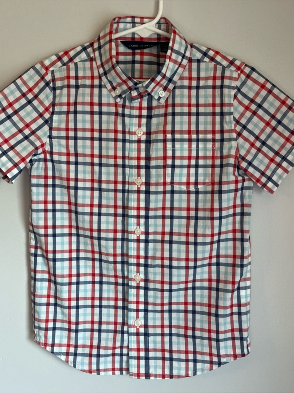 Janie and Jack Boys Short Sleeve Button-Up Shirt - Red, Blue, White Plaid Size 5